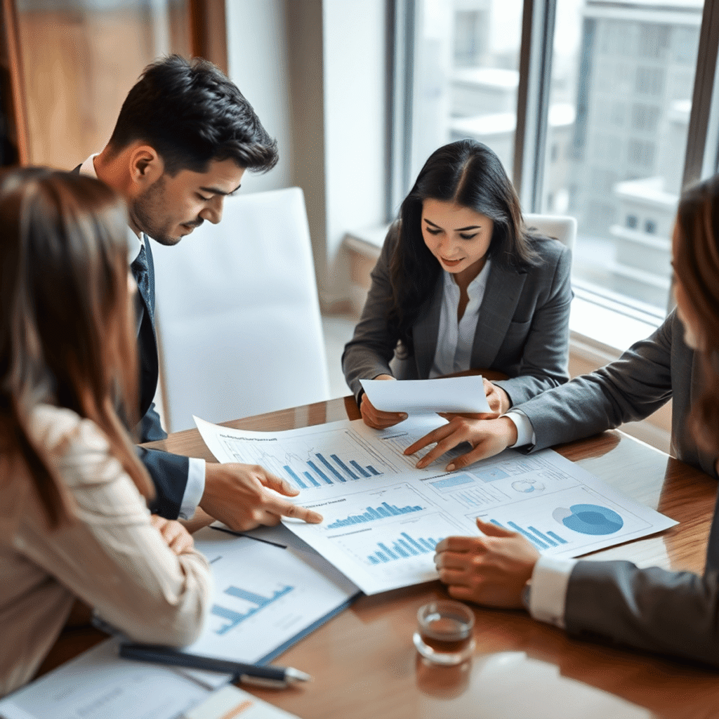 Business professionals collaborating over financial documents and charts in a modern office, symbolizing transfer pricing and corporate tax compliance in the UAE.